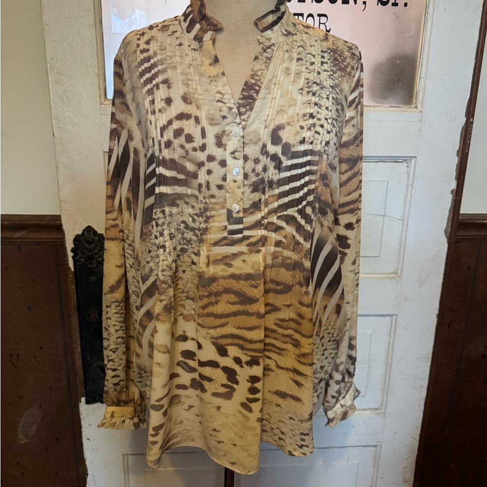 NYDJ Mixed Animal Print Long Sleeve Blouse in Tan and Brown